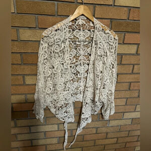 Anthropologie Raj Floral Wrap Shrug Crochet Beige 100% Cotton One Size